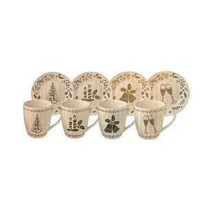 Elise Ceramic Christmas Cups & Saucers With Glossy Decoration Set of 4‎ NIB
